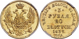 Nicholas I gold 20 Zlotych (3 Roubles) 1837 СПБ-ПД AU55 NGC, St. Petersburg mint, KM-C136.2. Bearing minor marks in the fields in line with the grade,...
