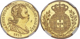 João VI gold 3200 Reis (1/2 Peça) 1822 MS63 NGC, Lisbon mint, KM363, Gomes-17.05. A sublime representative of the type, presenting full mint luster th...