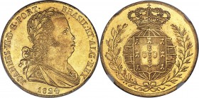 João VI gold 6400 Reis (Peça) 1824 MS62+ NGC, Lisbon mint, KM364. A high-quality piece in near-choice grade, scarcely bagmarked and with sharp strikin...