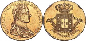 Miguel gold 6400 Reis (Peça) 1830 MS61 NGC, KM397. This coin exhibits slight accents of rose and burgundy tone around the devices and pleasing subdued...