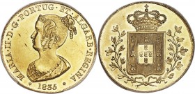 Maria II gold 6400 Reis (Peça) 1835 MS62 PCGS, Lisbon mint, KM407, Fr-141. A superbly-struck representative of this one-year type, approaching choice ...