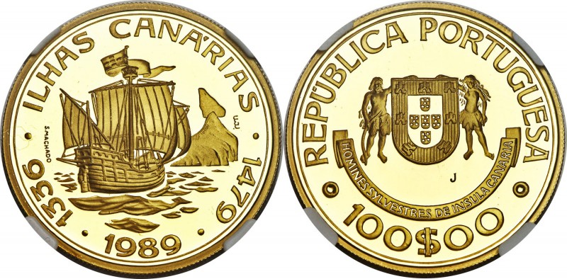 Republic Mint Error - Reverse Strikethrough gold Proof "Canary Islands" 100 Escu...