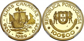 Republic Mint Error - Reverse Strikethrough gold Proof "Canary Islands" 100 Escudos 1989 PR69 Ultra Cameo NGC, KM646b. Struck through a metal shaving ...