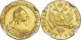 Elizabeth gold 2 Roubles 1756 AU53 NGC, Red mint, KM-C23.1, Bit-56 (R). Dot ends legend. Obv. Crowned and draped bust of Elizabeth right. Rev. Crowned...