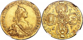 Catherine II gold 5 Roubles 1767-CПБ AU Details (Obverse Scratched) NGC, St. Petersburg mint, KM-C78a, Bit-62 (R). Obv. Crowned bust of Catherine II r...