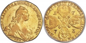 Catherine II gold 10 Roubles 1773-CПБ VF25 PCGS, St. Petersburg mint, KM-C79a, Bit-28 (R). Obv. Crowned and draped bust of Catherine II right. Rev. Cr...