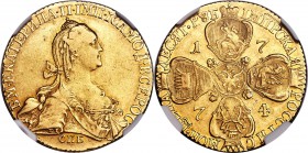 Catherine II gold 10 Roubles 1774-CПБ XF40 NGC, St. Petersburg mint, KM-C79a, Bit-29 (R). Obv. Crowned and draped bust of Catherine II right. Rev. Cro...