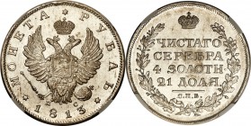 Alexander I Rouble 1813 CПБ-ПC MS64 NGC, St. Petersburg mint, KM-C130, Bit-104 (R). Obv. Small crown, with double-headed eagle of 1810 type. Rev. Four...