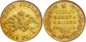 Alexander I gold 5 Roubles 1818 CПБ-MФ AU55+ PCGS, St. Petersburg mint, KM-C132, Bit-19. Obv. Crowned double-headed eagle with wings down and date and...