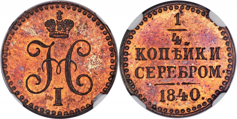 Nicholas I copper Proof Novodel 1/4 Kopeck 1840 PR64 Red and Brown NGC, St. Pete...