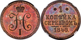 Nicholas I copper Proof Novodel Kopeck 1840 PR63 Red and Brown NGC, St. Petersburg mint, KM-N546, Bit-H939 (R3). Variety with plain edge and no mintma...