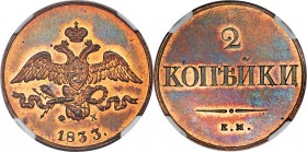 Nicholas I copper Novodel 2 Kopecks 1833 EM-ФX MS65 Red and Brown NGC, Ekaterinburg mint, Bit-H508 (R2). Obv. Crowned double-headed eagle with wings d...