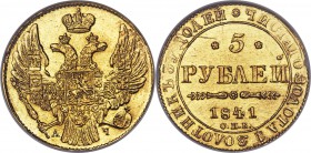 Nicholas I gold 5 Roubles 1841 CПБ-AЧ MS65 NGC, St. Petersburg mint, KM-C175.1, Bit-18. Obv. Crowned double-headed eagle with orb and scepter. Rev. Da...