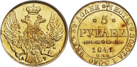 Nicholas I gold 5 Roubles 1841 CПБ-AЧ MS64 NGC, St. Petersburg mint, KM-C175.1, Bit-18. Although not noted on the holder this is an overdate with read...