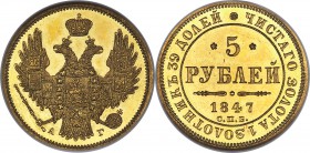 Nicholas I gold Proof 5 Roubles 1847 CПБ-AГ PR64 NGC, St. Petersburg mint, KM-C175.3, Bit-29. Obv. Crowned double-headed eagle with orb and scepter. R...