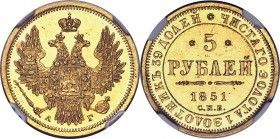 Nicholas I gold 5 Roubles 1851 CПБ-AГ MS62 NGC, St. Petersburg mint, KM-C175.3, Bit-34. Obv. Crowned double-headed eagle with orb and scepter. Rev. Da...