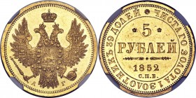Nicholas I gold 5 Roubles 1852 CПБ-AГ MS62 NGC, St. Petersburg mint, KM-C175.3, Bit-35. Obv. Crowned double-headed eagle with orb and scepter. Rev. Da...