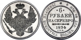 Nicholas I platinum 6 Roubles 1834-CПБ MS64 NGC, St. Petersburg mint, KM-C178, Bit-60 (R3), Uzd-378, Petrov 35 Rubles, Ilyin 35 Roubles. Obv. Crowned ...