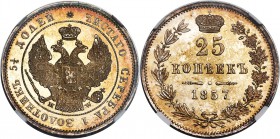 Alexander II 25 Kopecks 1857-MW MS63 Prooflike NGC, Warsaw mint, KMC166.2, Bitkin-285 (R1). Obv. Crowned double-headed eagle holding orb and scepter w...