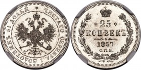 Alexander II 25 Kopecks 1867 CПБ-HI MS65 PL NGC, St. Petersburg mint, KM-Y23, Bit-143 (R). Obv. Crowned double-headed eagle with orb and scepter. Rev....