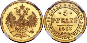 Alexander II gold 5 Roubles 1863 CПБ-MИ MS63 NGC, St. Petersburg mint, KM-YB26, Bit-9. Obv. Crowned double-headed eagle with orb and scepter. Rev. Cro...