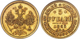 Alexander II gold 5 Roubles 1865 CПБ-AC MS62 NGC, St. Petersburg mint, KM-YB26, Bit-11. Obv. Crowned double-headed eagle with orb and scepter. Rev. Da...