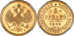 Alexander II gold 5 Roubles 1869 CПБ-HI MS62 NGC, St. Petersburg mint, KM-YB26, Bit-17, Fr-163. Obv. Crowned double-headed eagle with orb and scepter....