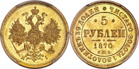 Alexander II gold 5 Roubles 1870 CПБ-HI MS62 PCGS, St. Petersburg mint, KM-YB26, Bit-18. Obv. Crowned double-headed eagle with orb and scepter. Rev. D...