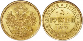 Alexander II gold 5 Roubles 1872 CПБ-HI MS65 NGC, St. Petersburg mint, KM-YB26, Bit-20. Obv. Crowned double-headed eagle with orb and scepter. Rev. Da...