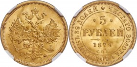 Alexander II gold 5 Roubles 1879 CПБ-HФ MS66 NGC, St. Petersburg mint, KM-YB26, Bit-28. Obv. Crowned double-headed eagle with orb and scepter. Rev. Da...