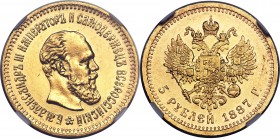 Alexander III gold 5 Roubles 1887-AГ MS63 NGC, St. Petersburg mint, KM-Y42, Bit-25. Obv. Bust of Alexander III right. Rev. Crowned double-headed eagle...