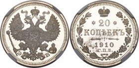 Nicholas II Proof 20 Kopecks 1910 СПБ-ЭБ PR66 Ultra Cameo NGC, St. Petersburg mint, KM-Y22a.1, Bit-110. Obv. Crowned double-headed eagle holding orb a...
