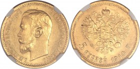 Nicholas II gold 5 Roubles 1910-ЭБ MS64 NGC, St. Petersburg mint, KM-Y62, Bit-36 (R). Obv. Bust of Nicholas II left. Rev. Crowned Imperial eagle with ...