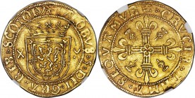 James V gold Crown ND (1526-1539) AU Details (Plugged) NGC, S-5370, Burns-3 (Fig. 740). 2nd Coinage, Type III (shield with rounded base and trefoil st...