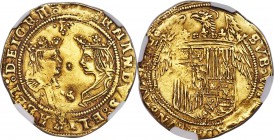 Ferdinand & Isabella gold 2 Excelentes ND (1476-1516) AU55 NGC, Seville mint, Fr-129, Cay-2938. A solid strike with very light die shifting on the obv...