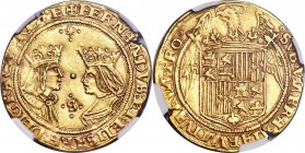 Ferdinand & Isabella gold 2 Excelentes ND (1476-1516) AU53 NGC, Seville mint, Fr-129, Cay-2937. Boldly struck and well centered with fantastic portrai...