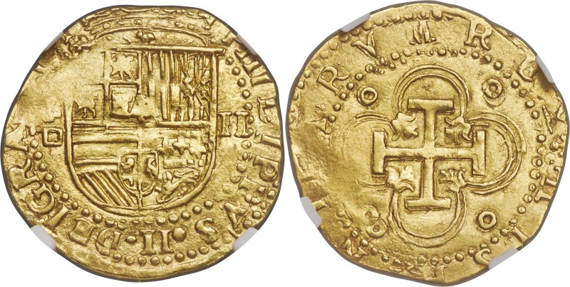 Philip II gold Cob 2 Escudos ND (1556-1598) S-D MS63 NGC, Seville mint, Cay-4098...