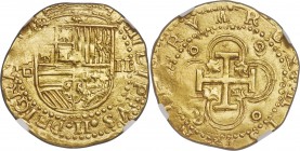 Philip II gold Cob 2 Escudos ND (1556-1598) S-D MS63 NGC, Seville mint, Cay-4098, Fr-168. Excellent strike with nearly full shield and sharp, complete...