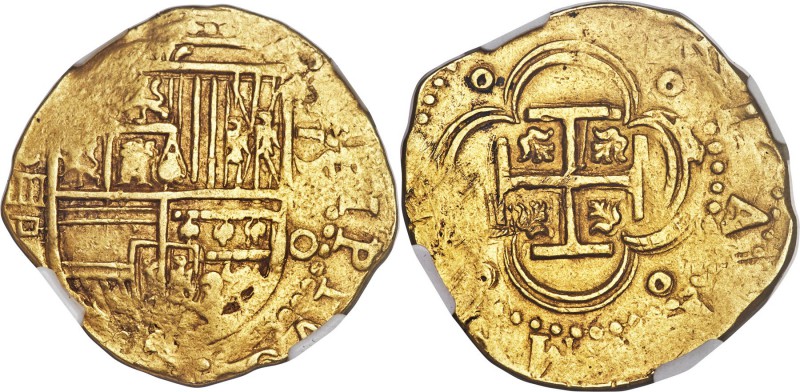 Philip II gold Cob 4 Escudos 1590 S-D AU53 NGC Seville, Cay-4153. Nice, bold str...