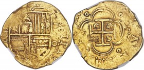 Philip II gold Cob 4 Escudos 1590 S-D AU53 NGC Seville, Cay-4153. Nice, bold strike of the main design elements, a mostly clear date (the 9 is weakly ...