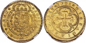 Philip V gold 8 Escudos 1701 S-M MS63 NGC, Seville mint, KM260, Fr-247. Well centered with a strong strike and good luster. 

HID09801242017