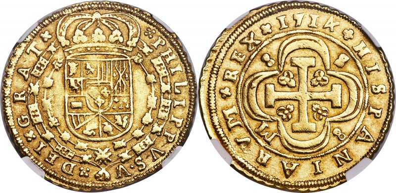 Philip V gold 8 Escudos 1714 S-M AU55 NGC, Seville mint, KM260. A nice example w...