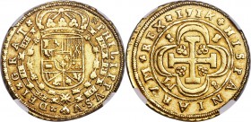 Philip V gold 8 Escudos 1714 S-M AU55 NGC, Seville mint, KM260. A nice example with just a hint of wear and light coppery toning around the devices an...