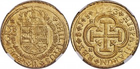 Philip V gold 8 Escudos 1723 S-J MS62 NGC, Seville mint, KM315, Fr-247. Bright and lustrous surfaces, and well struck with the obverse just a bit off ...