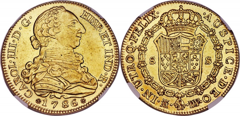 Charles III gold 8 Escudos 1786/74 M-DV AU Details (Cleaned) NGC, Madrid mint, c...