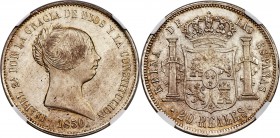 Isabel II 20 Reales 1850 MS64 NGC, Madrid mint, KM593.2. A choice coin with full mint bloom and subtle silver and gray patina. Rare grade and a coin w...