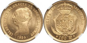 Isabel II gold 100 Reales 1854 MS65 NGC, KM596.3. A superb strike with sublime goldenrod luster exhibiting a satiny sheen. A splendid example that ful...