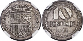 Republic 10 Centimos 1938 UNC Details (Cleaned) NGC, KM756. Only 1000 struck. This coin was never released into circulation, although a few examples e...