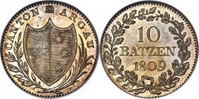 Aargau. Canton 10 Batzen 1809 MS66 NGC, KM14. A veritable gem from this short-lived series, with a melange of soft pastels that decorate both sides of...