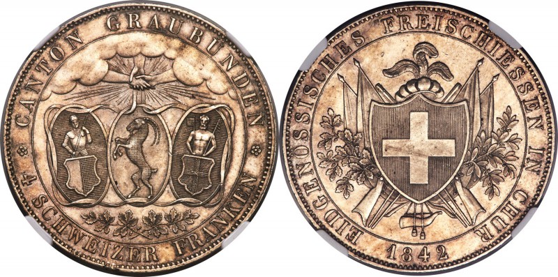 Graubunden. Canton Shooting Festival 4 Franken 1842 MS62 NGC, KM17. Mintage: 6,0...
